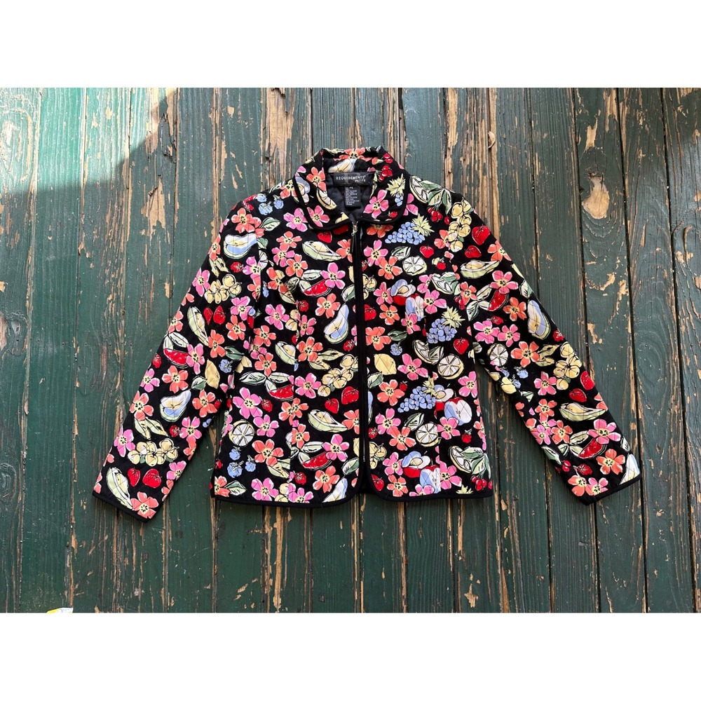 Requirements Petite Quilted Fruit Floral Print Zip Up Jacket Black Multi PS